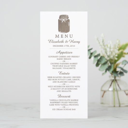 Menu Rustic Burlap Mason Jar Wedding (Staand voorkant)