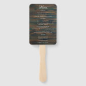 Menu Rustic Dark Wood Script Weddenschap Handwaaier (Achterkant)