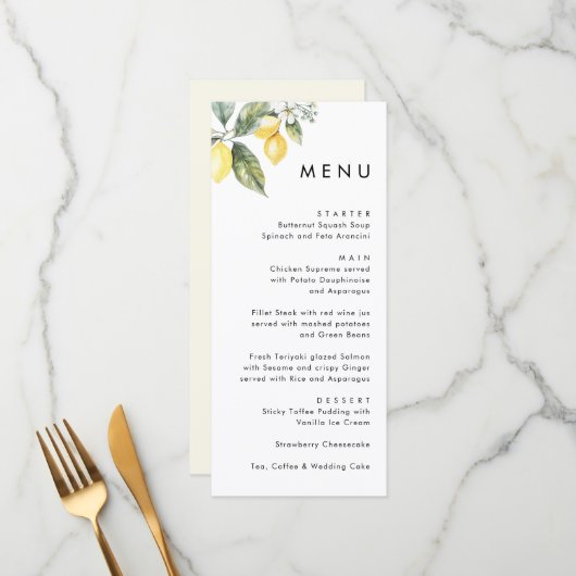Menu Rustic Elegant Minimal Lemon Garden Wedding (Devant/Arrière en situation)