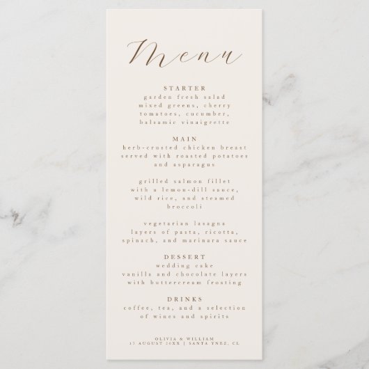 Menu Rustic Elegant Script Wedding Reception Dinner  (Devant)
