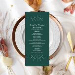 Menu Rustic Emerald Line Art Mariage<br><div class="desc">L'art en ligne blanche a inspiré le texte "Menu" en haut avec du texte personnalisé blanc et l'arrière - plan émeraude avec des accents en ligne en haut et en bas.</div>