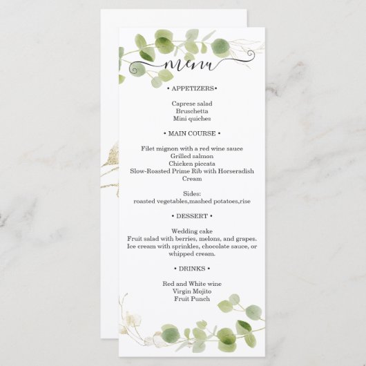 Menu Rustic Eucalyptus Greenery Gold Wedding Reception (Devant / Derrière)