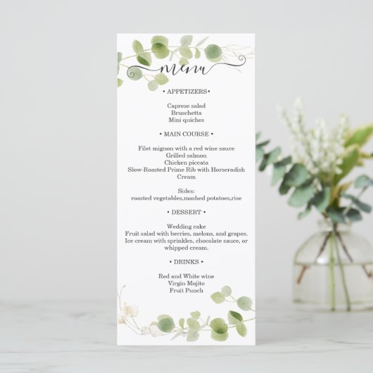 Menu Rustic Eucalyptus Greenery Gold Wedding Reception (Debout devant)