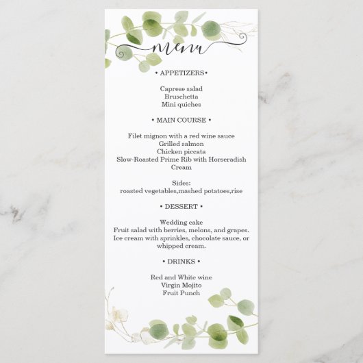 Menu Rustic Eucalyptus Greenery Gold Wedding Reception (Devant)