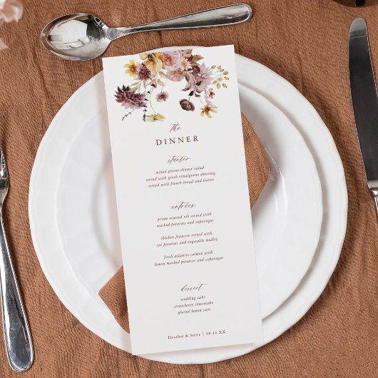 Menu Rustic Fall Boho Floral Dîner Mariage