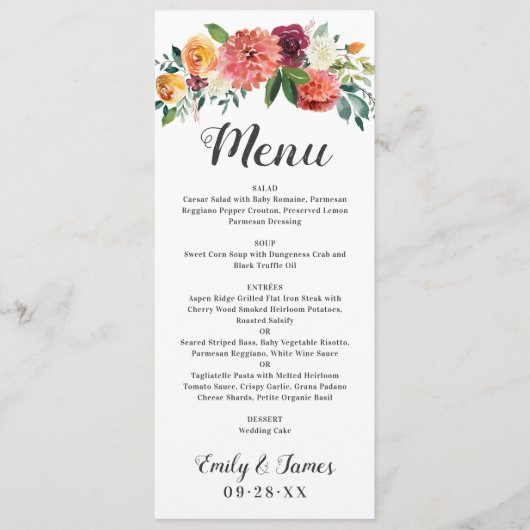 Menu Rustic Fall Floral Mariage Monogram Dîner (Devant)