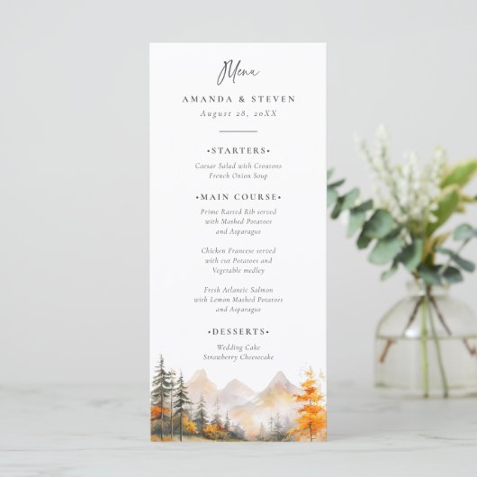 Menu Rustic Fall Mountain Pine Forest Wedding (Debout devant)
