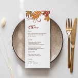 Menu Rustic Falling Feuille Dîner Mariage<br><div class="desc">Elégante carte de menu mariage sur le thème des chutes dans un style de panneau de thé. Notre papeterie mariage "Feuille en chute" présente des feuillages d'automne saturés et des tourbillons de défilement. Les couleurs sont orange, cuivre, marron, rouge et or. Carte de réponse - Style 1 : Carte de...</div>