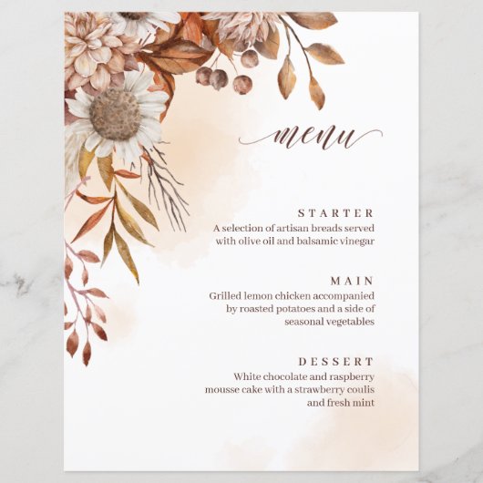 Menu Rustic Floral Mariage de automne (Devant)