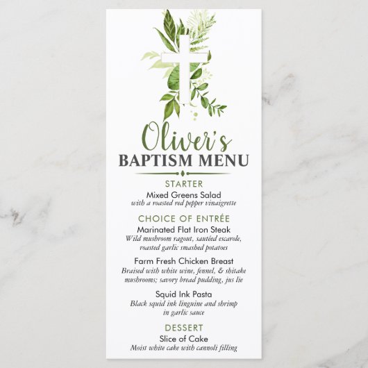 Menu Rustic Greenery Cross Boy Baptism Custom Event (Devant)