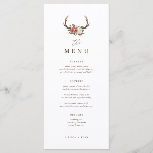 Menu Rustic Holiday Dinner Winter Wedding Table (Voorkant)