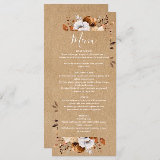 Menu Rustic Kraft Automne automne Mariage floral (Devant / Derrière)