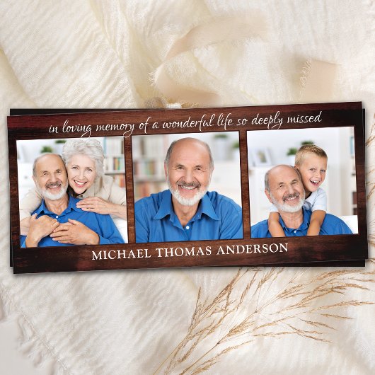 Menu Rustic Memorial 3 Photo Funeral Prayer Card