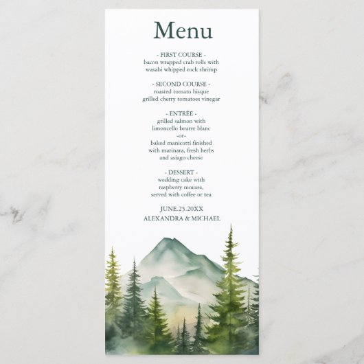 Menu Rustic Mountain Forest Evergreen Tree Wedding (Dos)