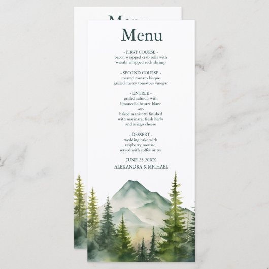 Menu Rustic Mountain Forest Evergreen Tree Wedding (Devant / Derrière)