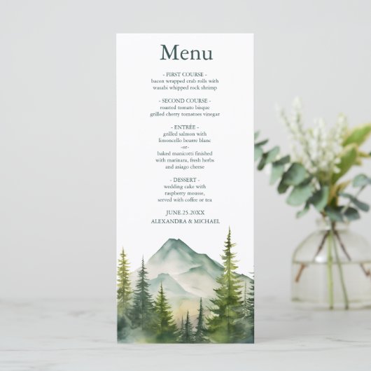 Menu Rustic Mountain Forest Evergreen Tree Wedding (Debout devant)