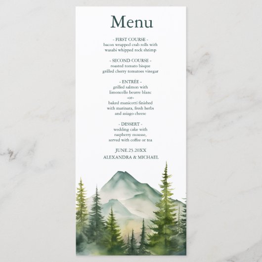 Menu Rustic Mountain Forest Evergreen Tree Wedding (Devant)