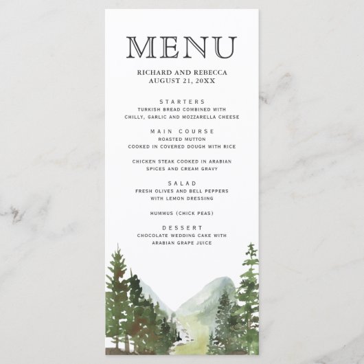 Menu Rustic Mountain Forest Trees Mariage (Devant)