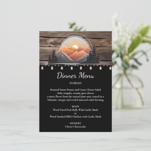 Menu Rustic Mountain Valley Forest Sunset Mariage (Debout devant)