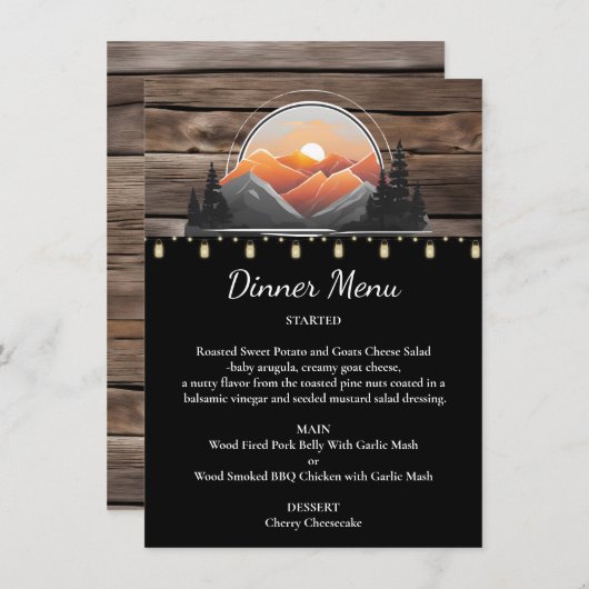 Menu Rustic Mountain Valley Forest Sunset Mariage (Devant / Derrière)