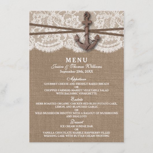 Menu Rustic Nautical Ancre Mariage Collection (Devant)