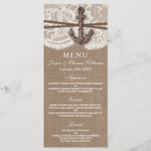 Menu Rustic Nautical Ancre Mariage Collection (Devant)