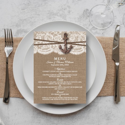 Menu Rustic Nautical Ancre Mariage Collection