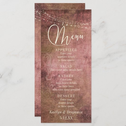  menu Rustic Pink/Burlap & Lights Wedding (Voorkant / Achterkant)