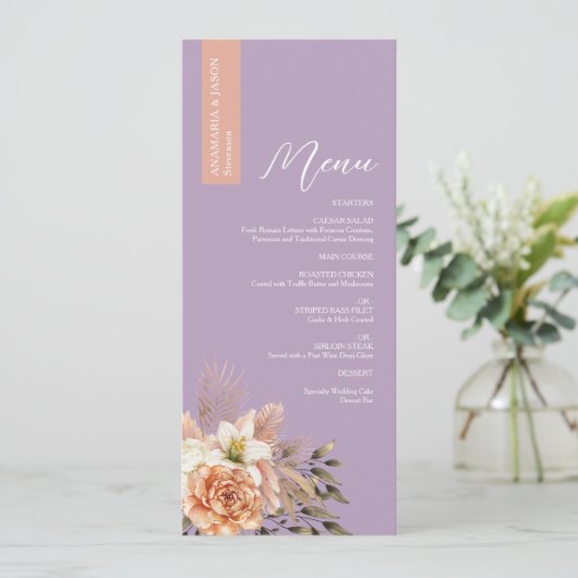 Menu Rustic Purple Floral Mariage avec nom (Debout devant)