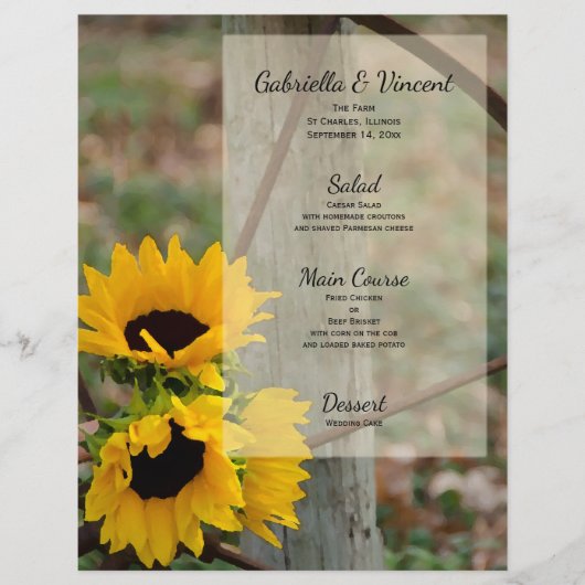 Menu Rustic Sunflower et Wagon Wheel Mariage Menu (Devant)