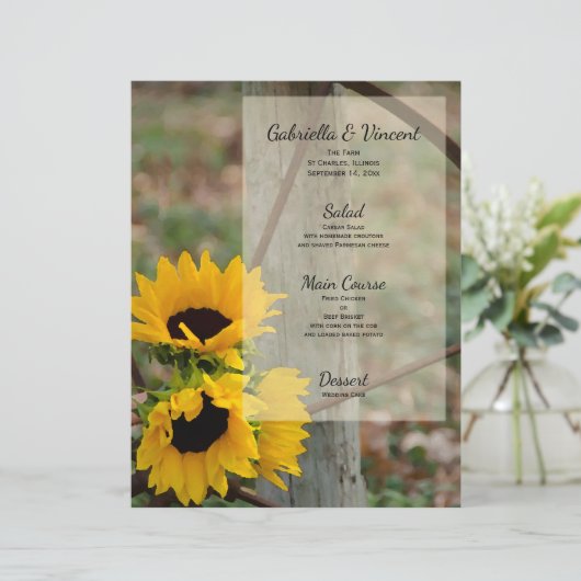 Menu Rustic Sunflower et Wagon Wheel Mariage Menu (Debout devant)