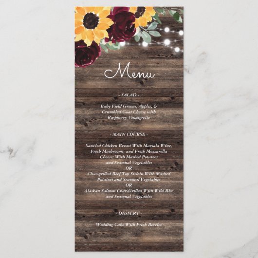 Menu Rustic Sunflower Roses Wedding (Devant)