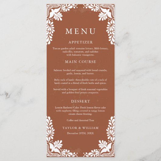 Menu Rustic Terracotta soirée mexicaine de mariage (Devant)