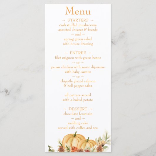 Menu Rustic Watercolor Citrouille Adresse de retour Mar (Devant)