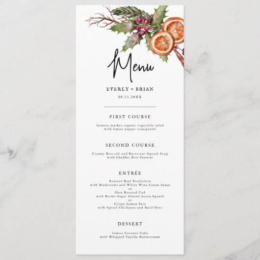 Menu Rustic Winter Botanical Mariage (Devant)