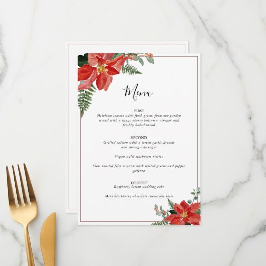 Menu Rustic Winter Poinsettia Red Christmas Wedding (Devant/Arrière en situation)