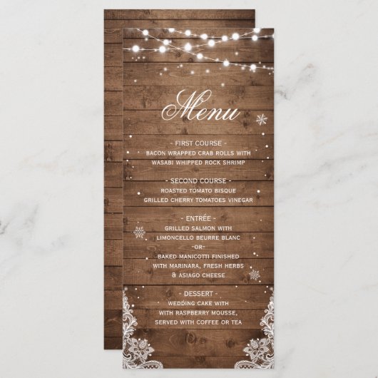 Menu Rustic Wood String Lights Lace Snowflakes (Voorkant / Achterkant)