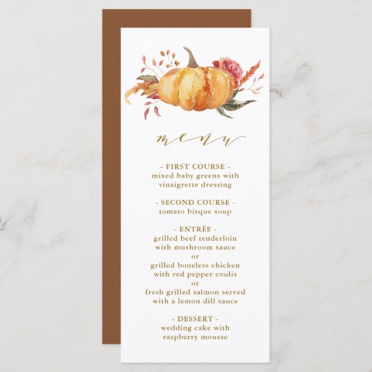 Menu Rustique Automne Floral Citrouille Mariage Gold Sc (Devant / Derrière)
