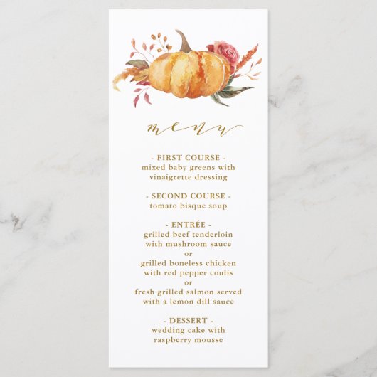 Menu Rustique Automne Floral Citrouille Mariage Gold Sc (Devant)