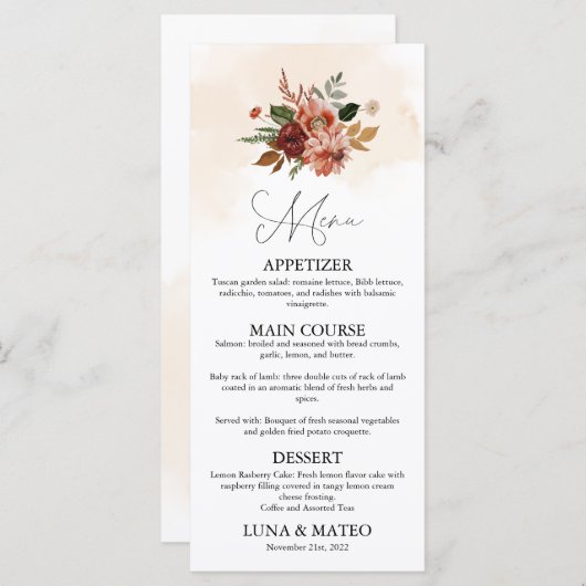 Menu Rustique Automne Floral Thème Mariage Dîner (Devant / Derrière)
