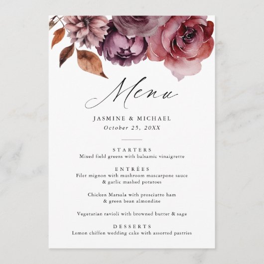 Menu Rustique Automne Marsala Floral Mariage (Devant)