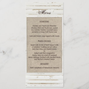 Menu rustique blanc de mariage de toile de jute de