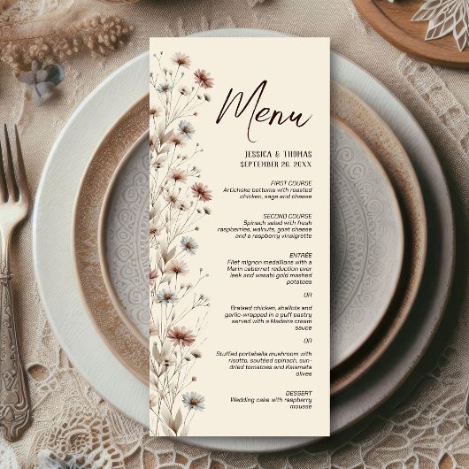 Menu Rustique Boho Chic Fleurs sauvages Mariage élégant