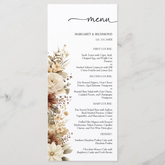 Menu Rustique Boho Neutre Floral Mariage (Devant)