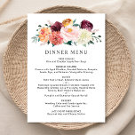 Menu Rustique Bourgogne Blush Automne Floral Mariage Dî<br><div class="desc">Le design de la carte de menu du dîner mariage est caractérisé par une formulation élégante qui peut être complètement personnalisée, accentuée par une aquarelle à fleurs d'été et d'automne rustique avec de beaux roses, dahlias, des fleurs de pivoine et de la verdure, dans une magnifique palette d'automne de rouge...</div>