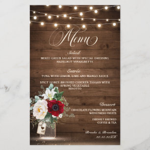Menu Rustique Bourgogne Floral Mason Jar Wdding