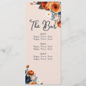 Menu Rustique Burnt Orange et Blue Mariage Bar (Devant)