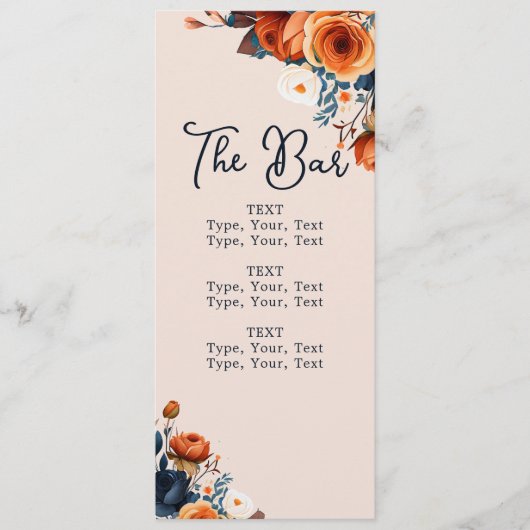Menu Rustique Burnt Orange et Blue Mariage Bar (Devant)