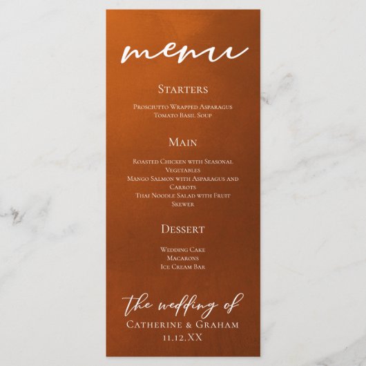 Menu Rustique Burtic Orange Script Dîner Mariage d'auto (Devant)