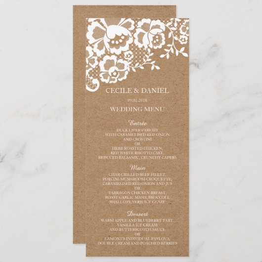 Menu rustique de mariage de mariage de dentelle de (Devant / Derrière)